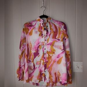 Women's Watercolor Chiffon Multicolor V-neck Lantern Sleeve Fully Lined Blouse